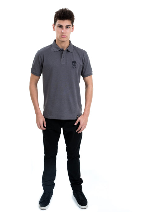 Mens Grey Polo Black Skull